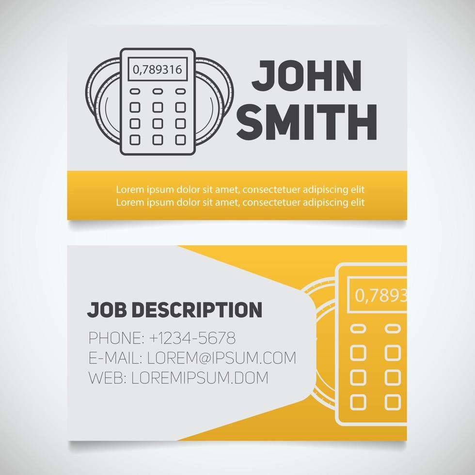 Business card print template with calculator and coins logo. Easy edit. Manager. Accountant. Cashier. Bank worker. Stationery design concept. Vector illustration
