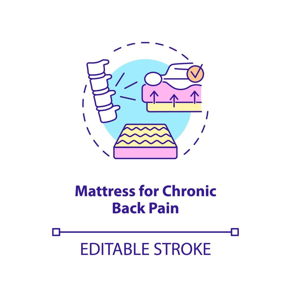 Mattress for chronic back pain concept icon. Relieving back ache abstract idea thin line illustration. Upper and lower spine pain prevention. Vector isolated outline color drawing. Editable stroke