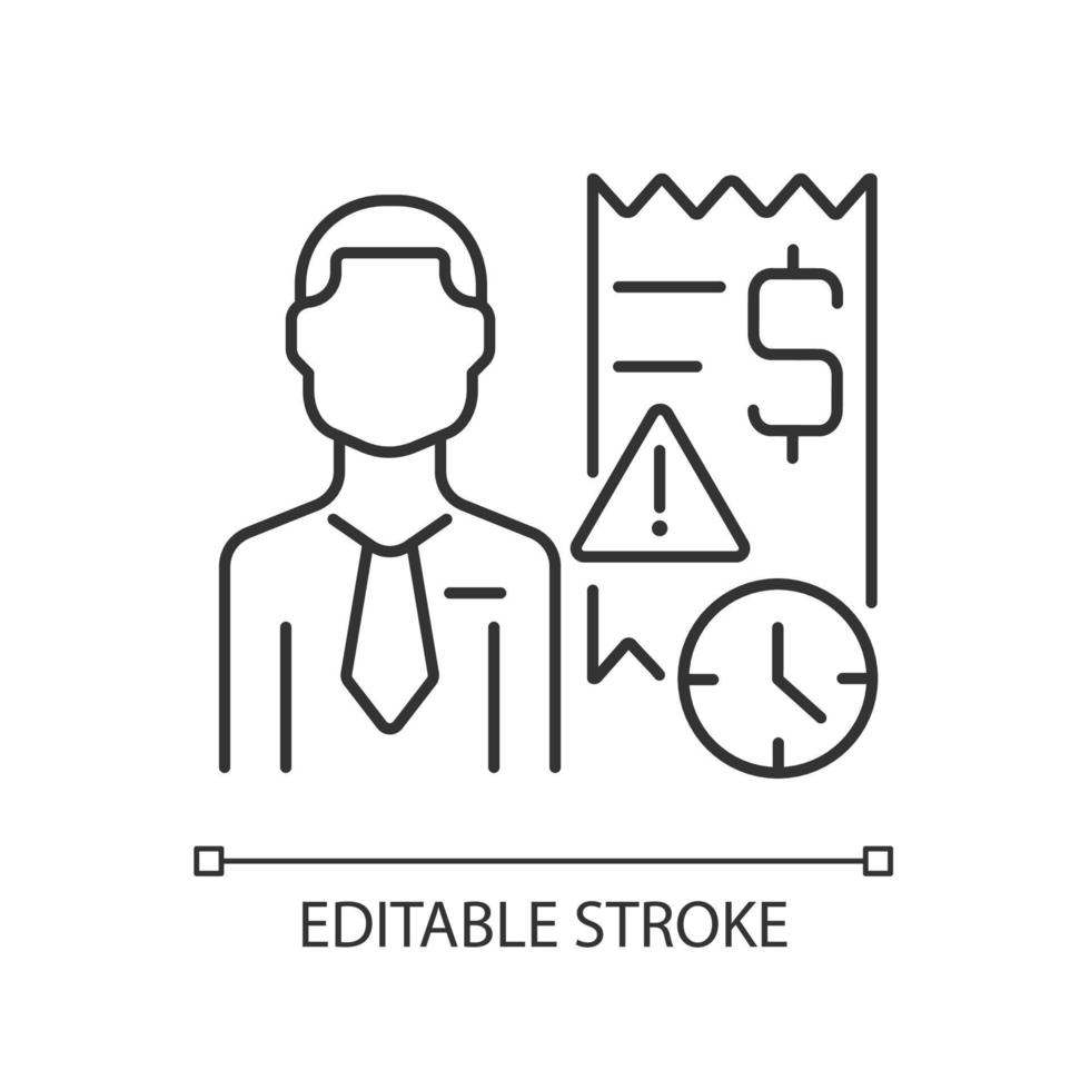 Collector linear icon. Person recovering overdue payments. Specialist tracking down debtors. Thin line customizable illustration. Contour symbol. Vector isolated outline drawing. Editable stroke