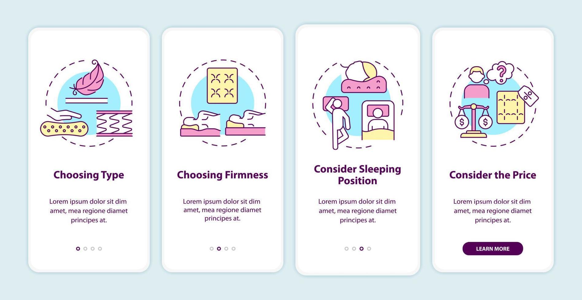 Choosing mattress onboarding mobile app page screen. Comfortable bedding walkthrough 4 steps graphic instructions with concepts. UI, UX, GUI vector template with linear color illustrations