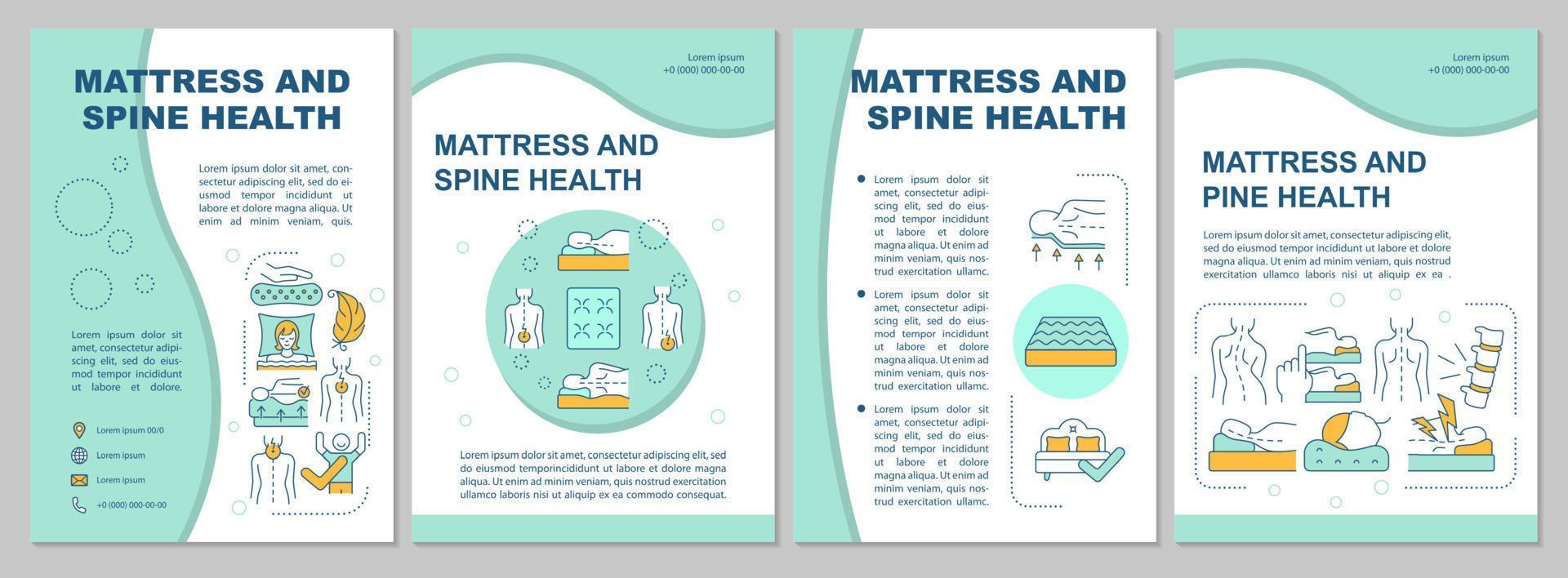 Mattress and spine health mint brochure template. Back pain relief. Flyer, booklet, leaflet print, cover design with linear icons. Vector layouts for presentation, annual reports, advertisement pages