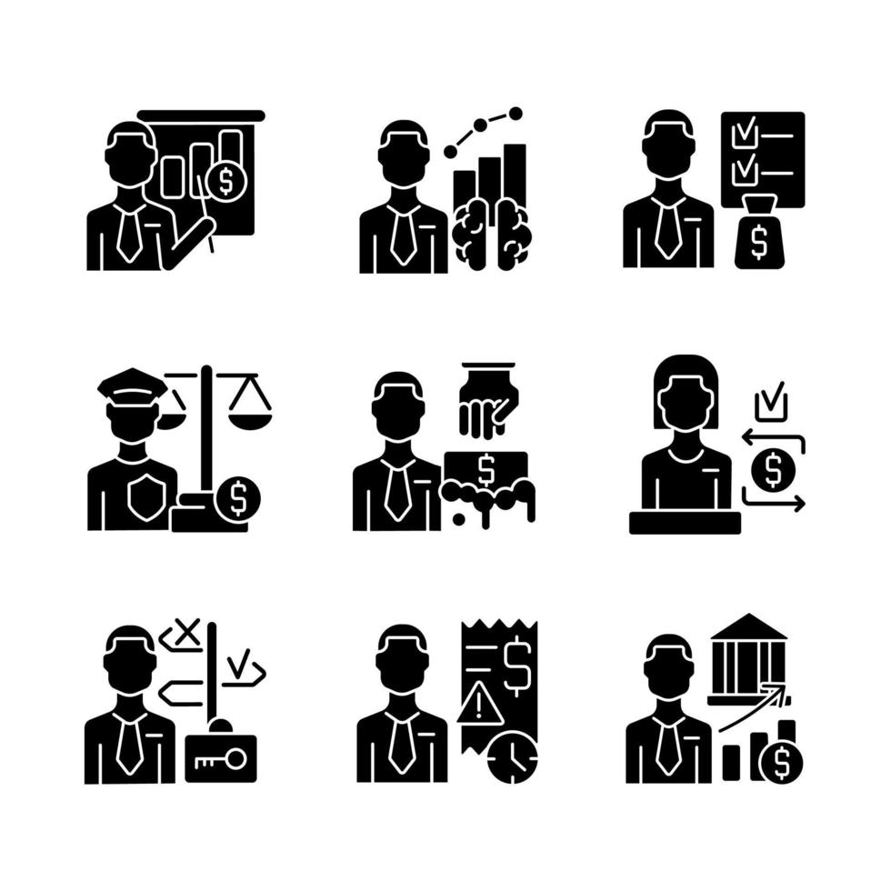 Career in finance field black glyph icons set on white space. Business administration and management experts. Financial law and regulation specialists. Silhouette symbols. Vector isolated illustration