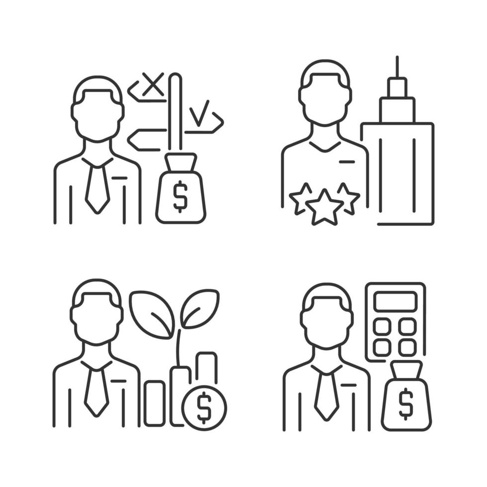 Financial field experts linear icons set. Asset fund managers. Budget analysts. Chief executive officer. Customizable thin line contour symbols. Isolated vector outline illustrations. Editable stroke