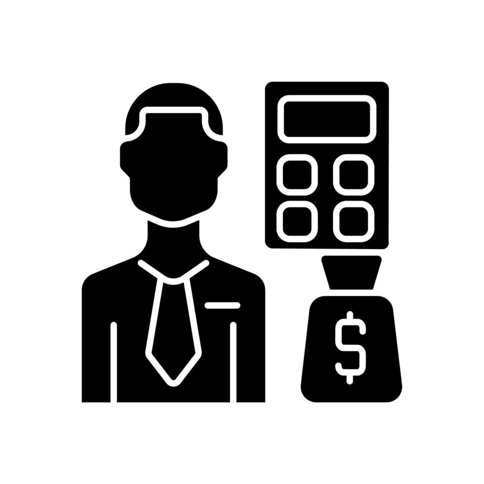 Budget analyst black glyph icon. Financial resources allocation and organization specialist. Income and expense monitoring expert. Silhouette symbol on white space. Vector isolated illustration