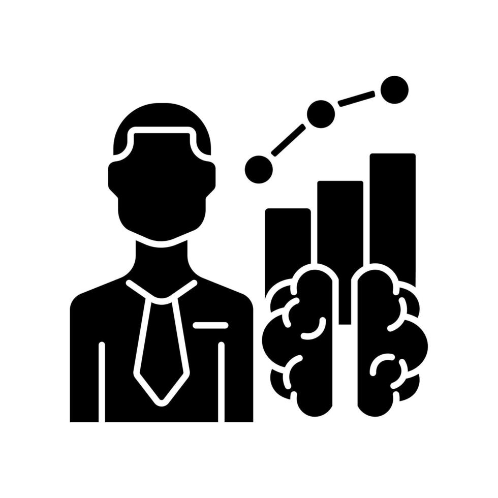 Business intelligence manager black glyph icon. Market and customer analyst. Solutions providing expert. Decision advisor. Silhouette symbol on white space. Vector isolated illustration