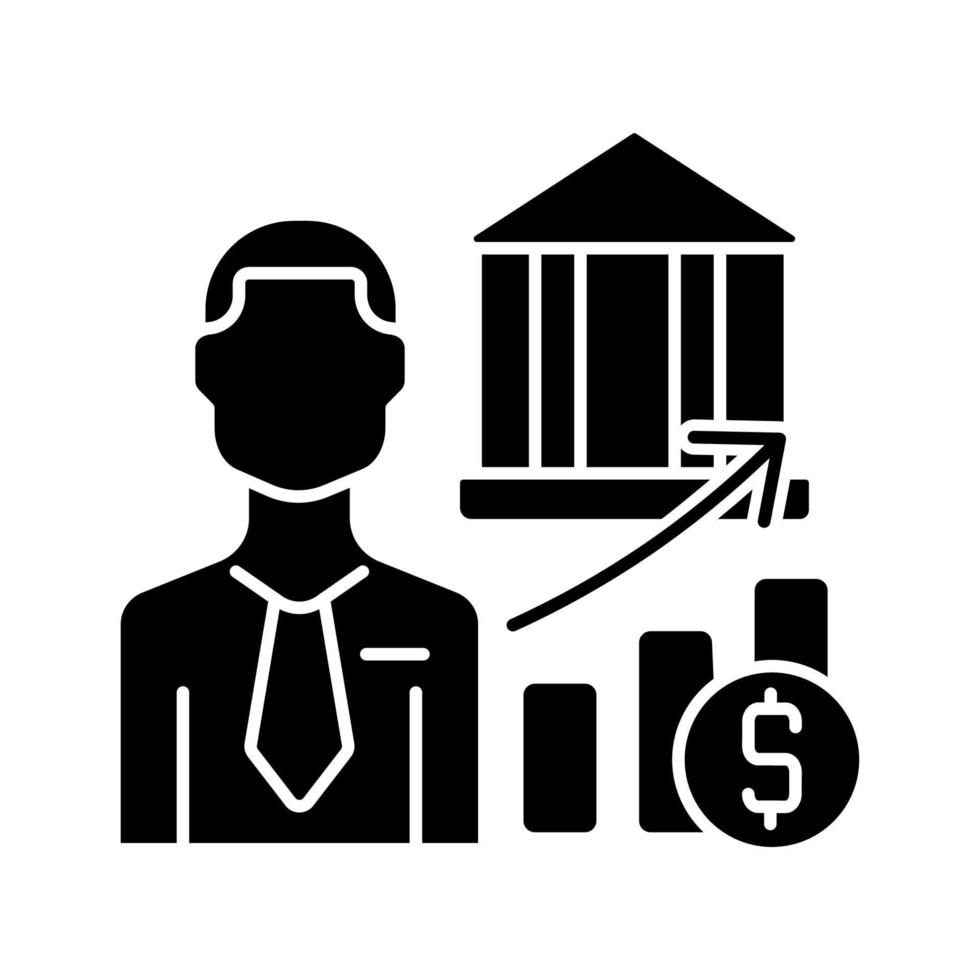 Investment banker black glyph icon. Financial institution worker. Asset market and finance advisor. Capital raising specialist. Silhouette symbol on white space. Vector isolated illustration