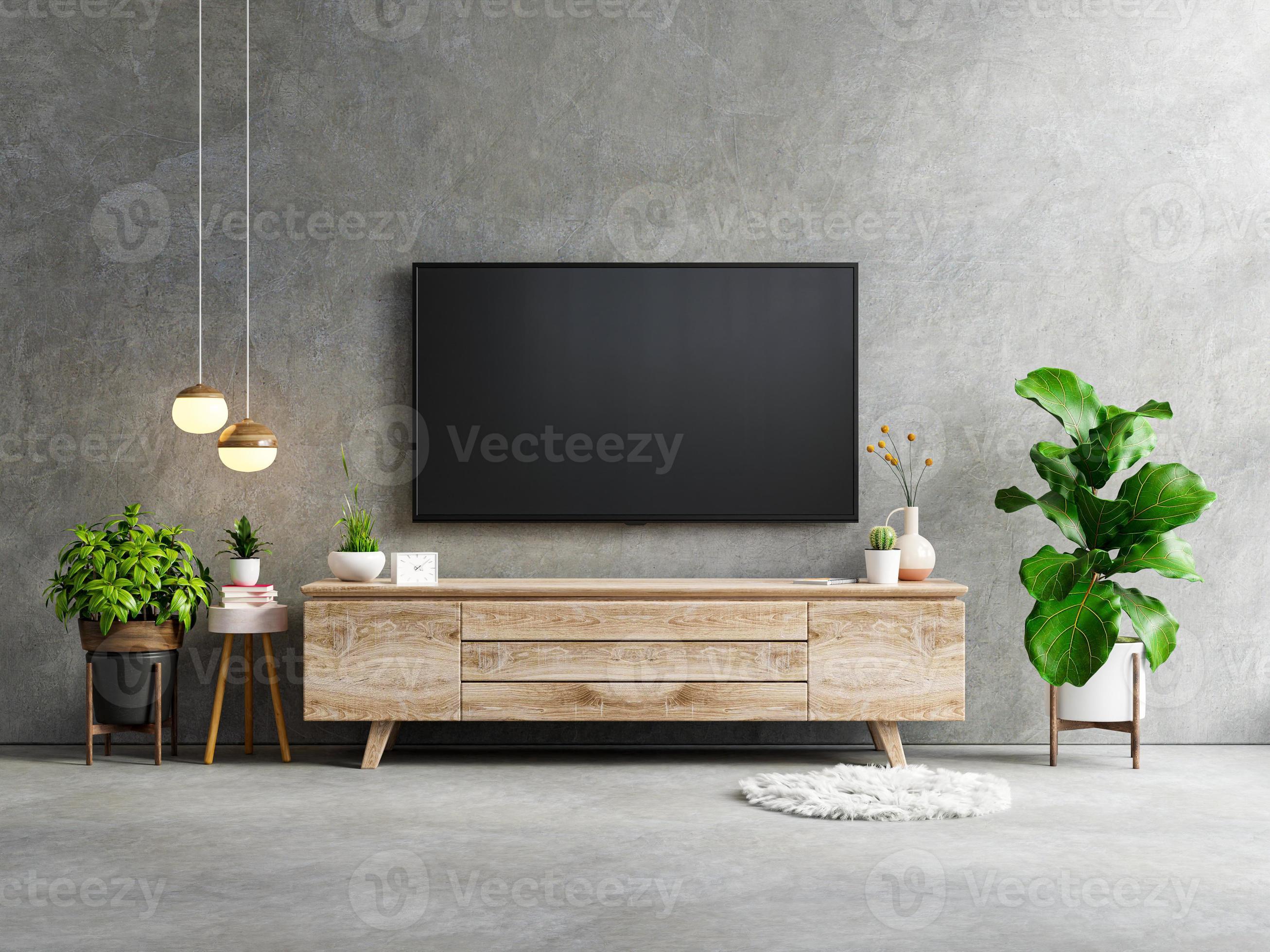 TV LED on the cabinet in living room interior wall mockup on concrete wall  background. 4527467 Stock Photo at Vecteezy