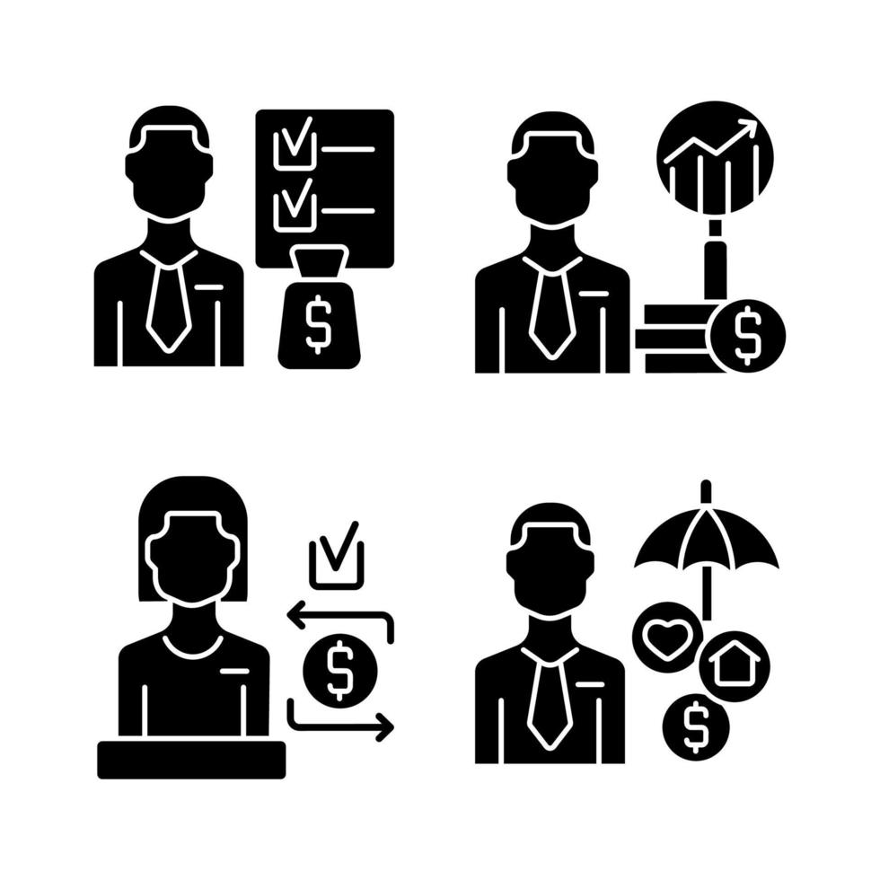 Finance consulting black glyph icons set on white space. Financial analytics and planning. Customer service specialists. Loan lenders and borrowers. Silhouette symbols. Vector isolated illustration