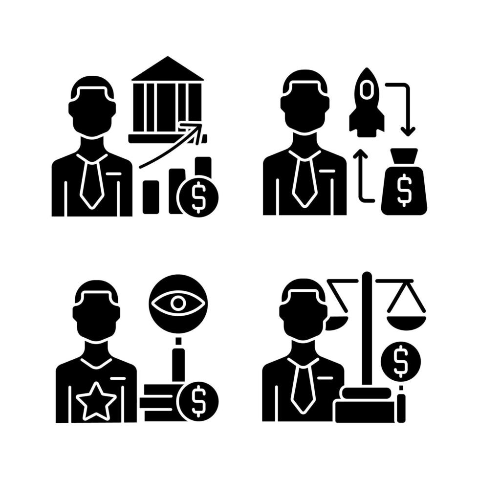 Finance investment jobs black glyph icons set on white space. Stock market experts and analysts. Fund raising professionals. Shares portfolio holders. Silhouette symbols. Vector isolated illustration