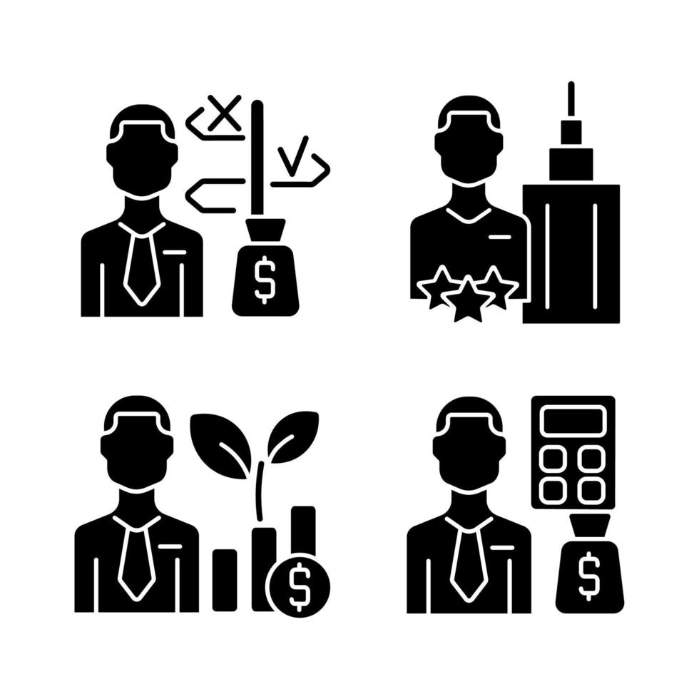 Financial field experts black glyph icons set on white space. Fund and asset managers. Budget analysts. Finance experts. Chief executive officer. Silhouette symbols. Vector isolated illustration