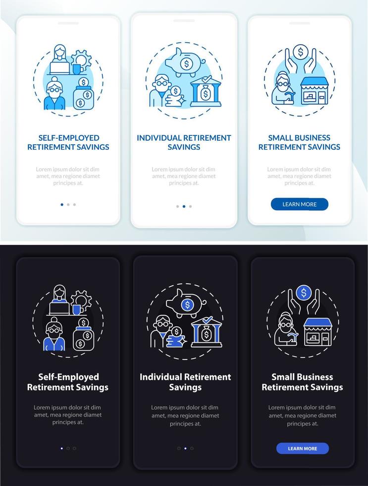 Types of savings onboarding mobile app page screen. Business pension walkthrough 3 steps graphic instructions with concepts. UI, UX, GUI vector template with linear night and day mode illustrations