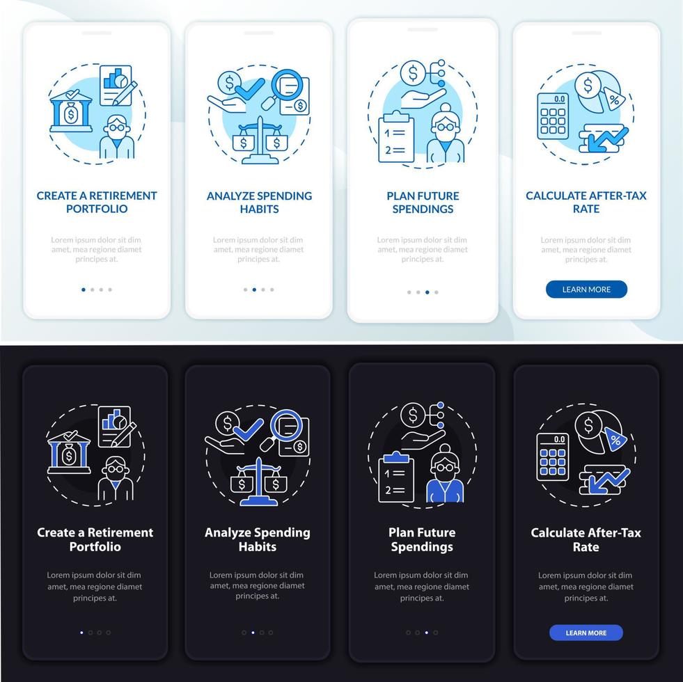 Saving money onboarding mobile app page screen. Analyze spendings walkthrough 4 steps graphic instructions with concepts. UI, UX, GUI vector template with linear night and day mode illustrations