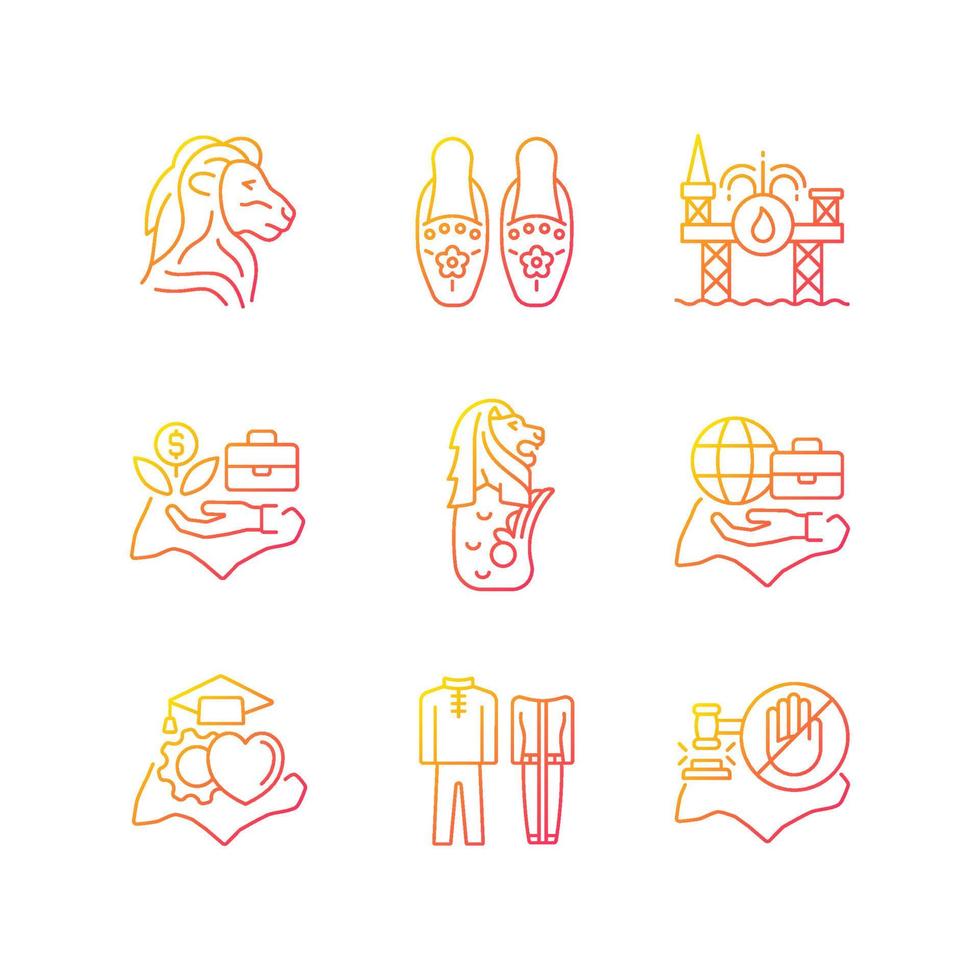 Singapore national values gradient linear vector icons set. Quality of living. Traditional costumes. Sightseeing places. Thin line contour symbols bundle. Isolated outline illustrations collection