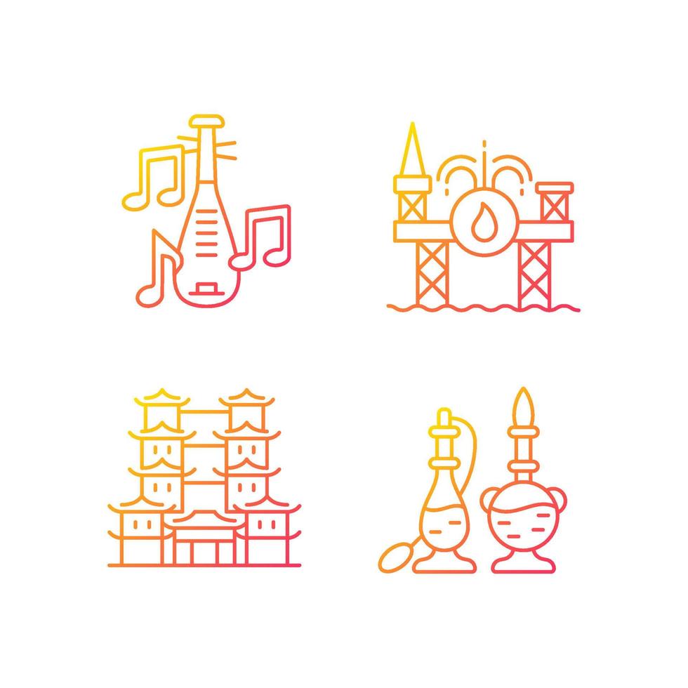 Culture of Singapore gradient linear vector icons set. Pipa musical instrument. Offshore drilling. Tooth relic temple. Thin line contour symbols bundle. Isolated outline illustrations collection