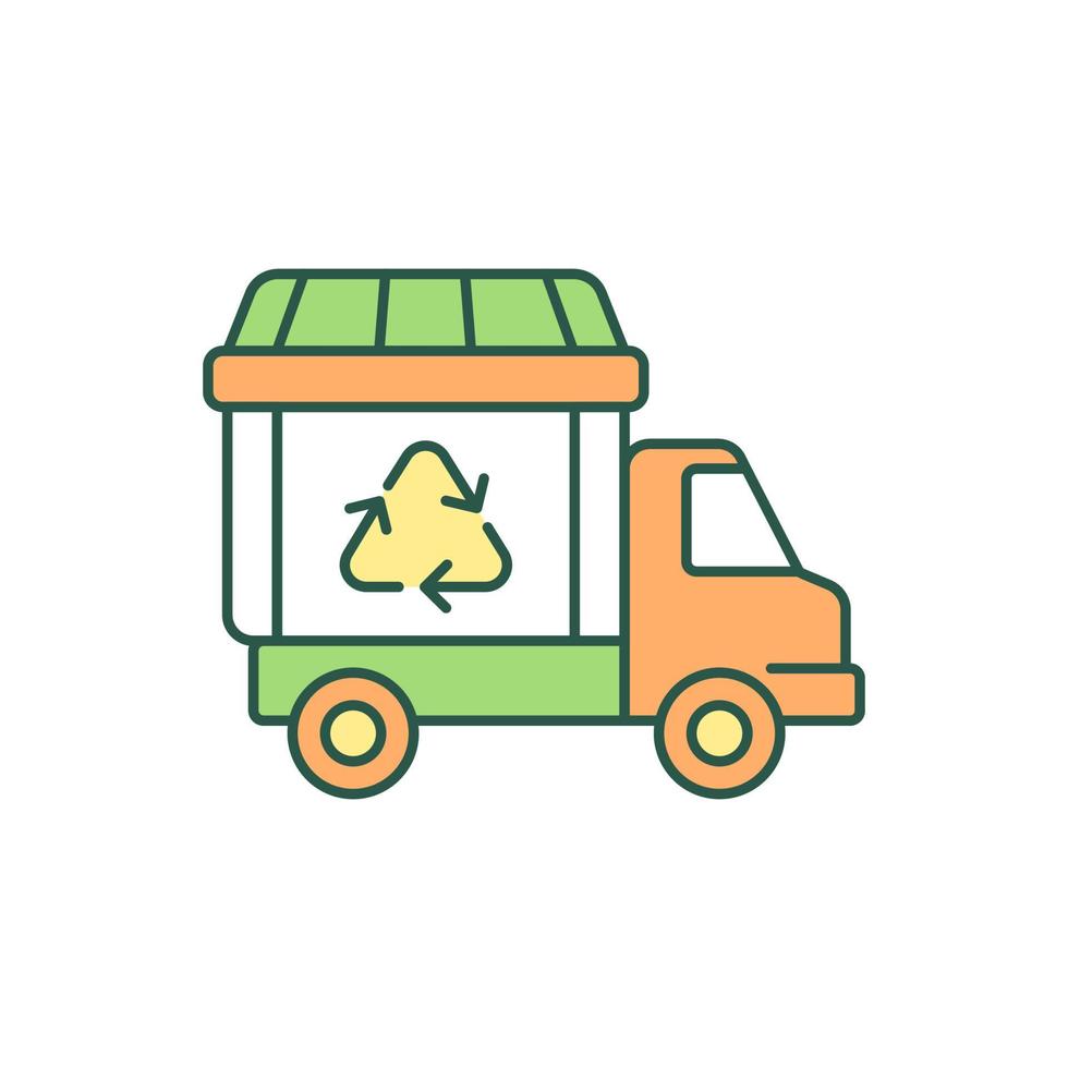 Garbage truck RGB color icon. Waste collection vehicle. Refuse truck. Bin lorry. Waste management service. Garbage transportation. Isolated vector illustration. Simple filled line drawing