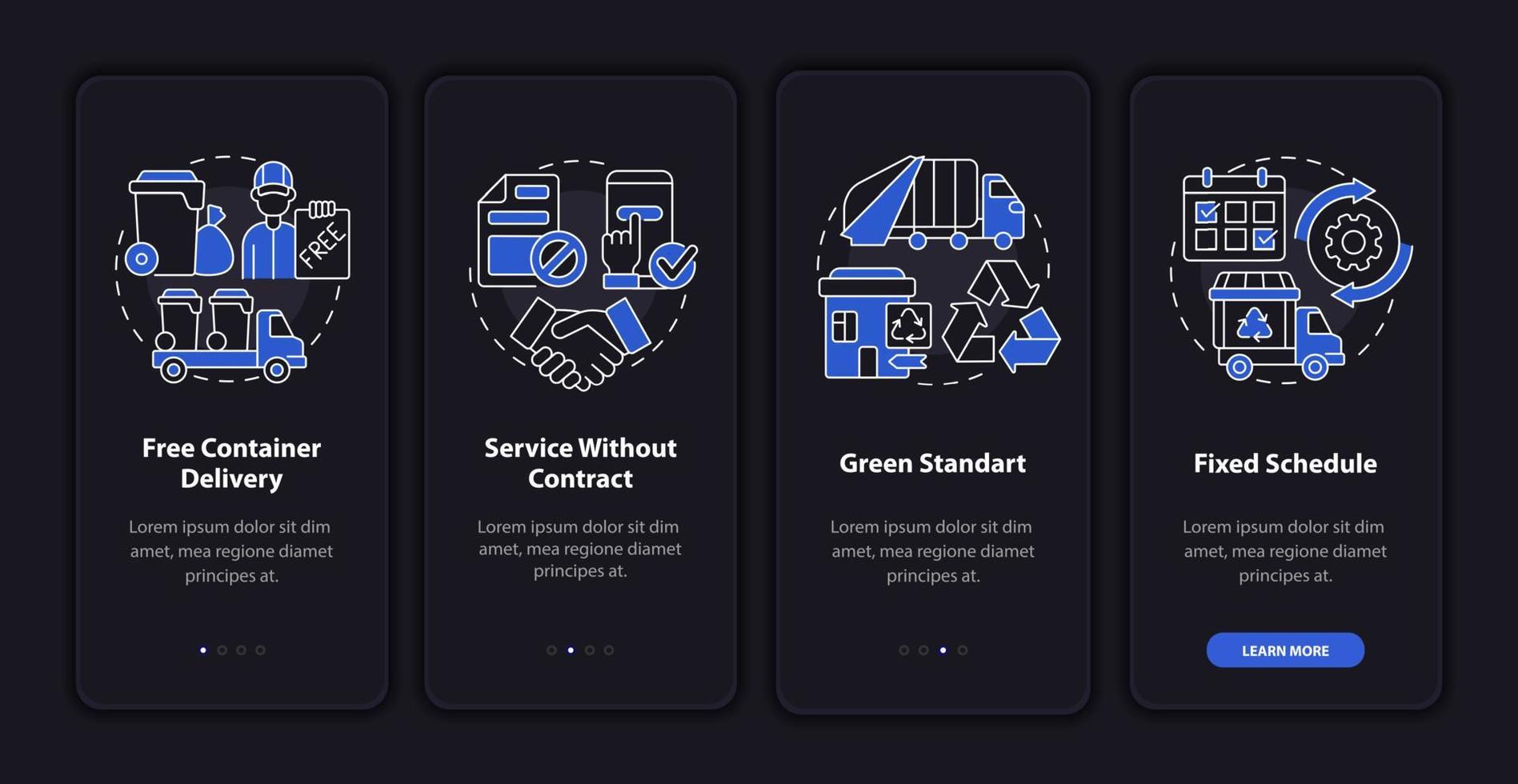 Waste collection service offers dark onboarding mobile app page screen. Walkthrough 4 steps graphic instructions with concepts. UI, UX, GUI vector template with linear night mode illustrations