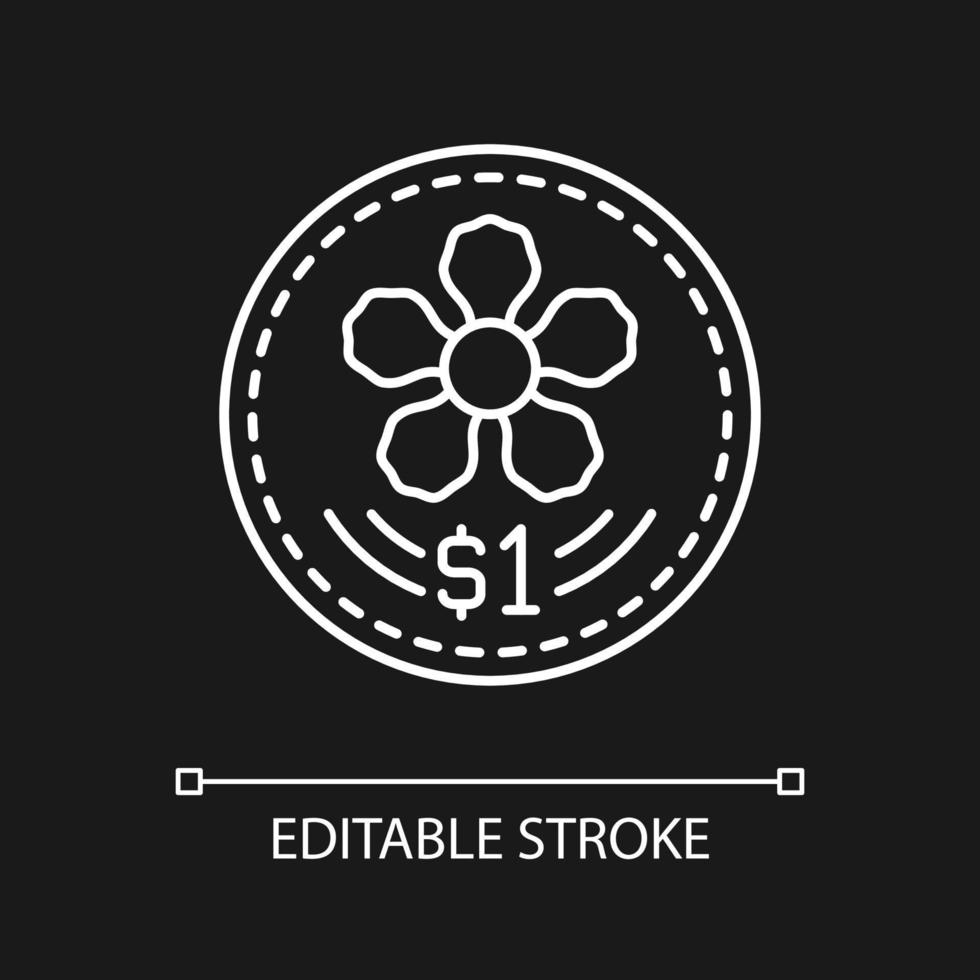 Coins design white linear icon for dark theme. Singapore dollar. Orchid design in centre. Thin line customizable illustration. Isolated vector contour symbol for night mode. Editable stroke