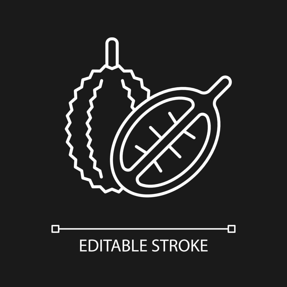 Durian white linear icon for dark theme. Bittersweet fruit in Singapore. Fruit with fragrance. Thin line customizable illustration. Isolated vector contour symbol for night mode. Editable stroke