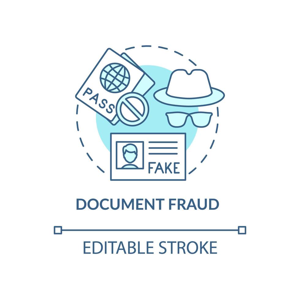 documento fraude concepto azul icono. documentos falsos. papeles ilegales. visa falsa y pase fronterizo. deportación idea abstracta ilustración de línea fina. dibujo de color de contorno aislado vectorial. trazo editable vector