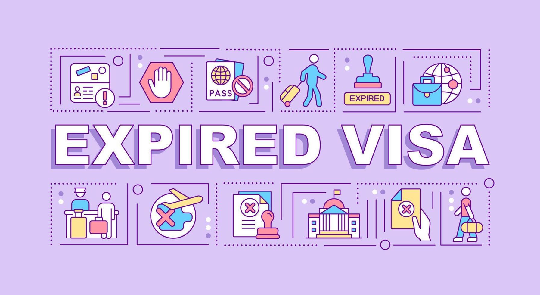 Expired visa word concepts banner. Official removal from country. Infographics with linear icons on purple background. Isolated creative typography. Vector outline color illustration with text