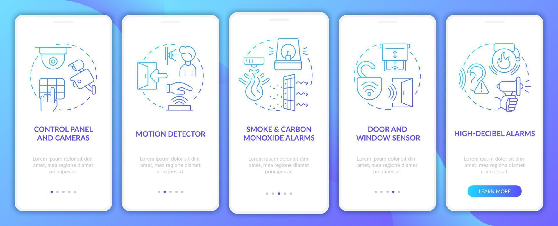 Home security blue gradient onboarding mobile app page screen. Detectors walkthrough 5 steps graphic instructions with concepts. UI, UX, GUI vector template with linear color illustrations