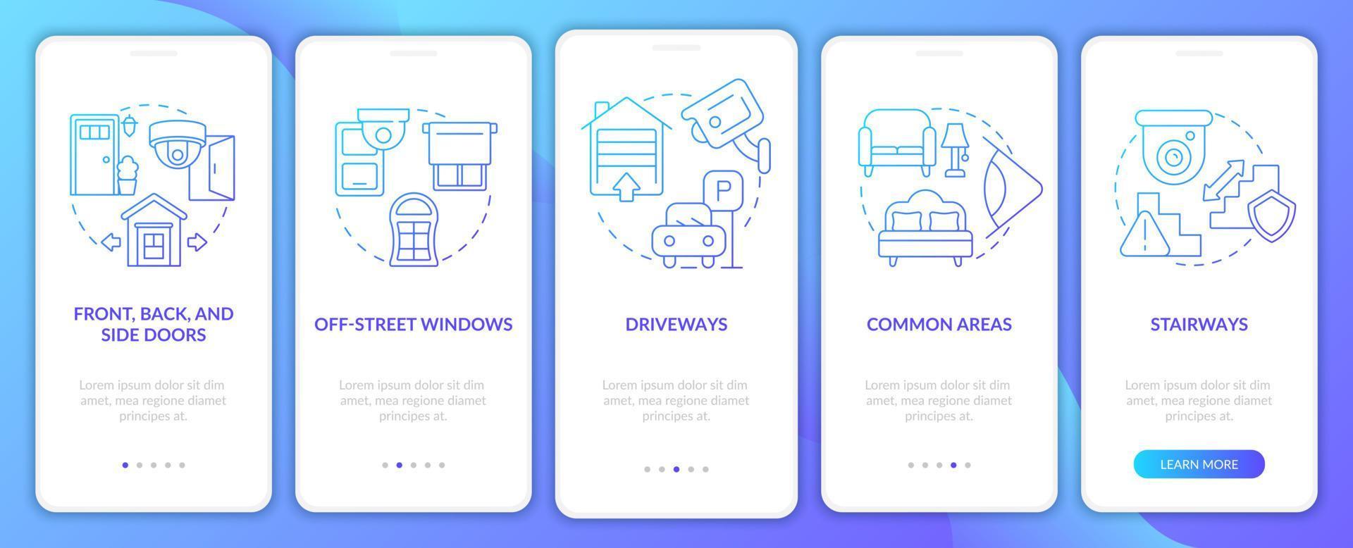 Las cámaras de seguridad colocan la pantalla de la página de la aplicación móvil incorporada degradado azul. tutorial 5 pasos instrucciones gráficas con conceptos. ui, ux, plantilla de vector de interfaz gráfica de usuario con ilustraciones en color lineal