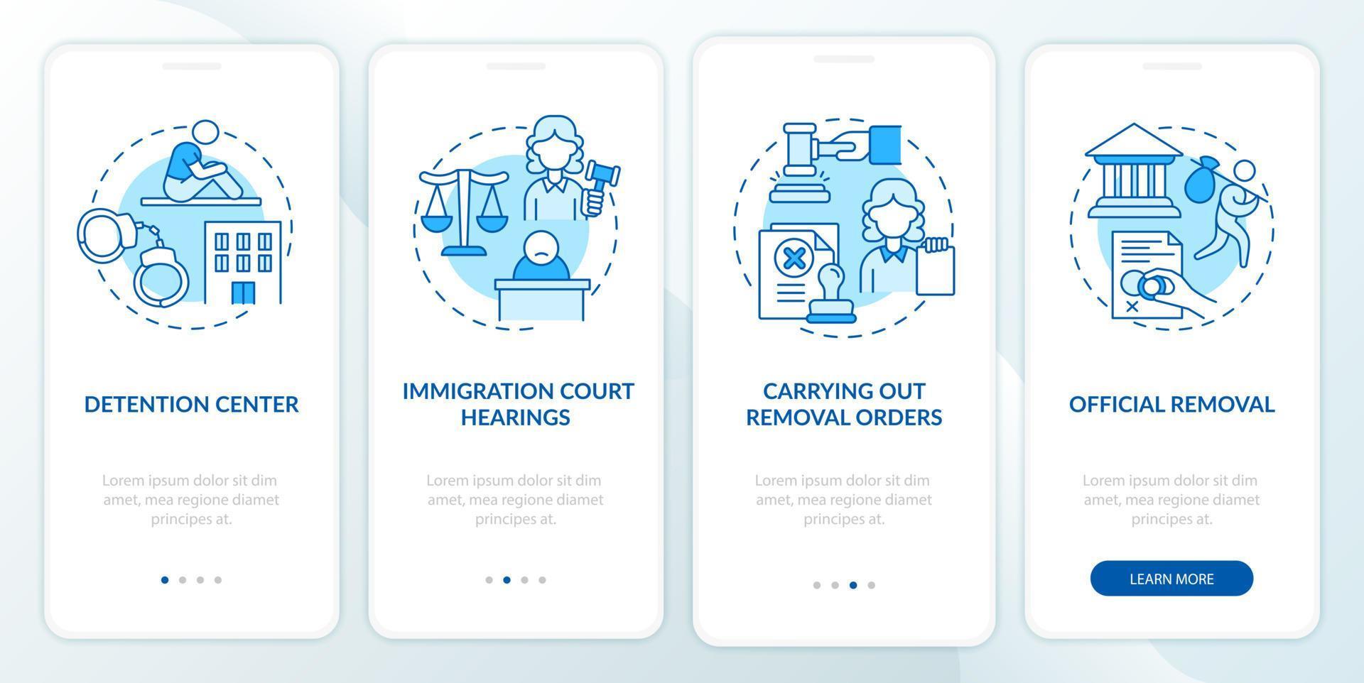 Deportation process blue onboarding mobile app page screen. Official removal walkthrough 4 steps graphic instructions with concepts. UI, UX, GUI vector template with linear color illustrations