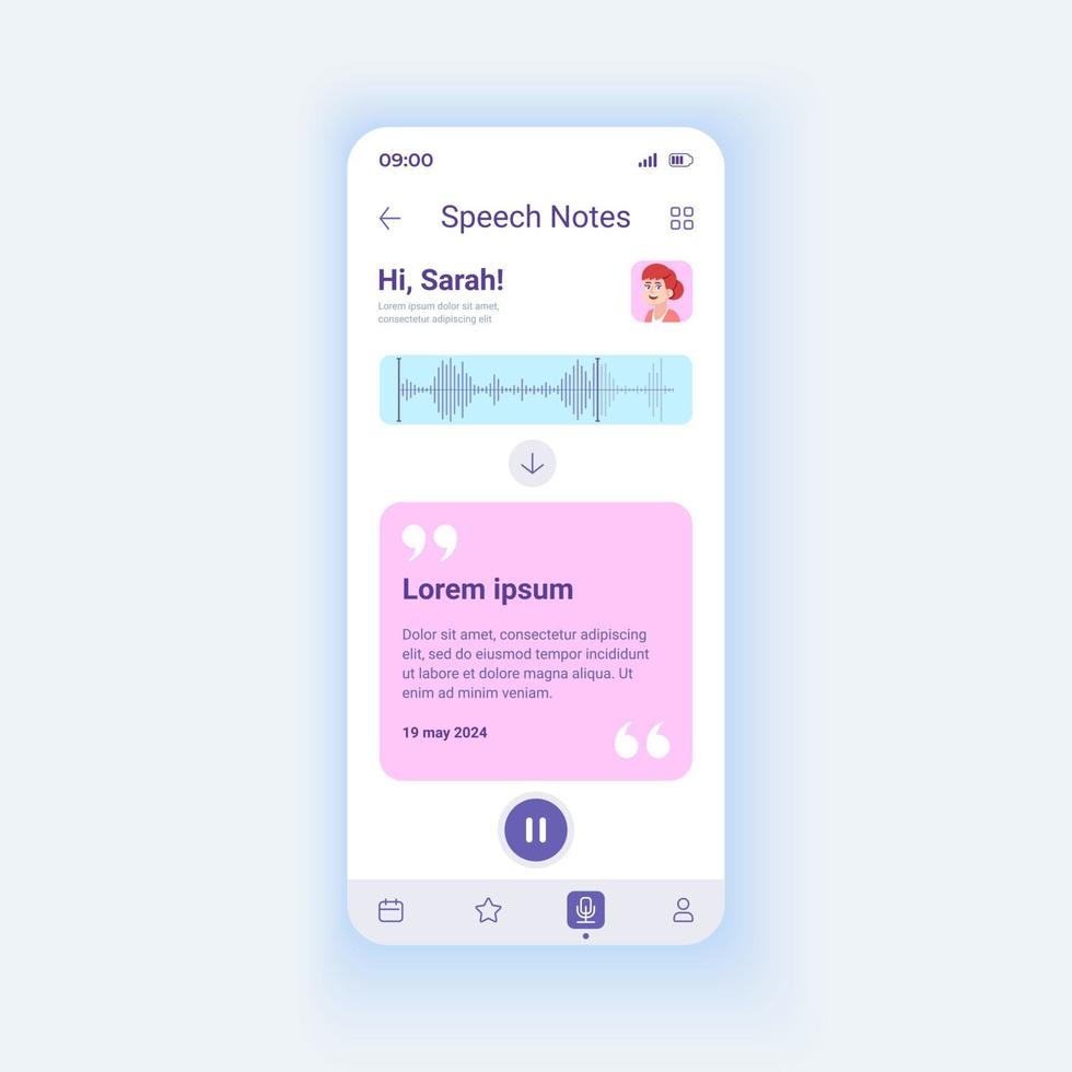 Speech light smartphone interface vector template. Mobile app page design layout. Receive mail. Audio message on cellphone. Text notification screen. Flat UI for application. Phone display