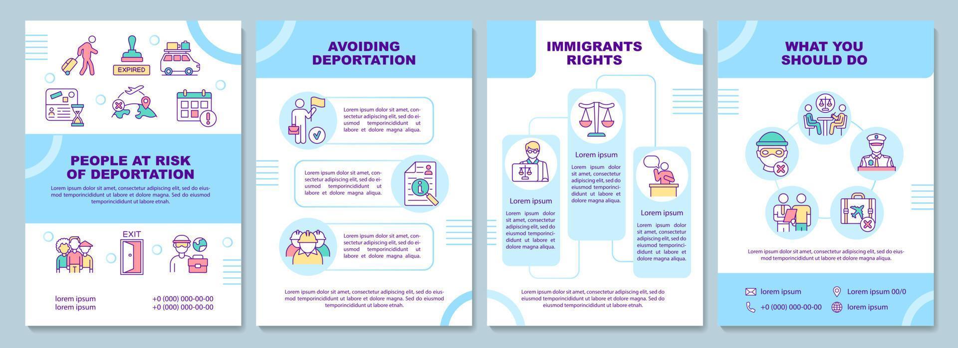 Risk of deportation brochure template. Avoid departure. Flyer, booklet, leaflet print, cover design with linear icons. Vector layouts for presentation, annual reports, advertisement pages