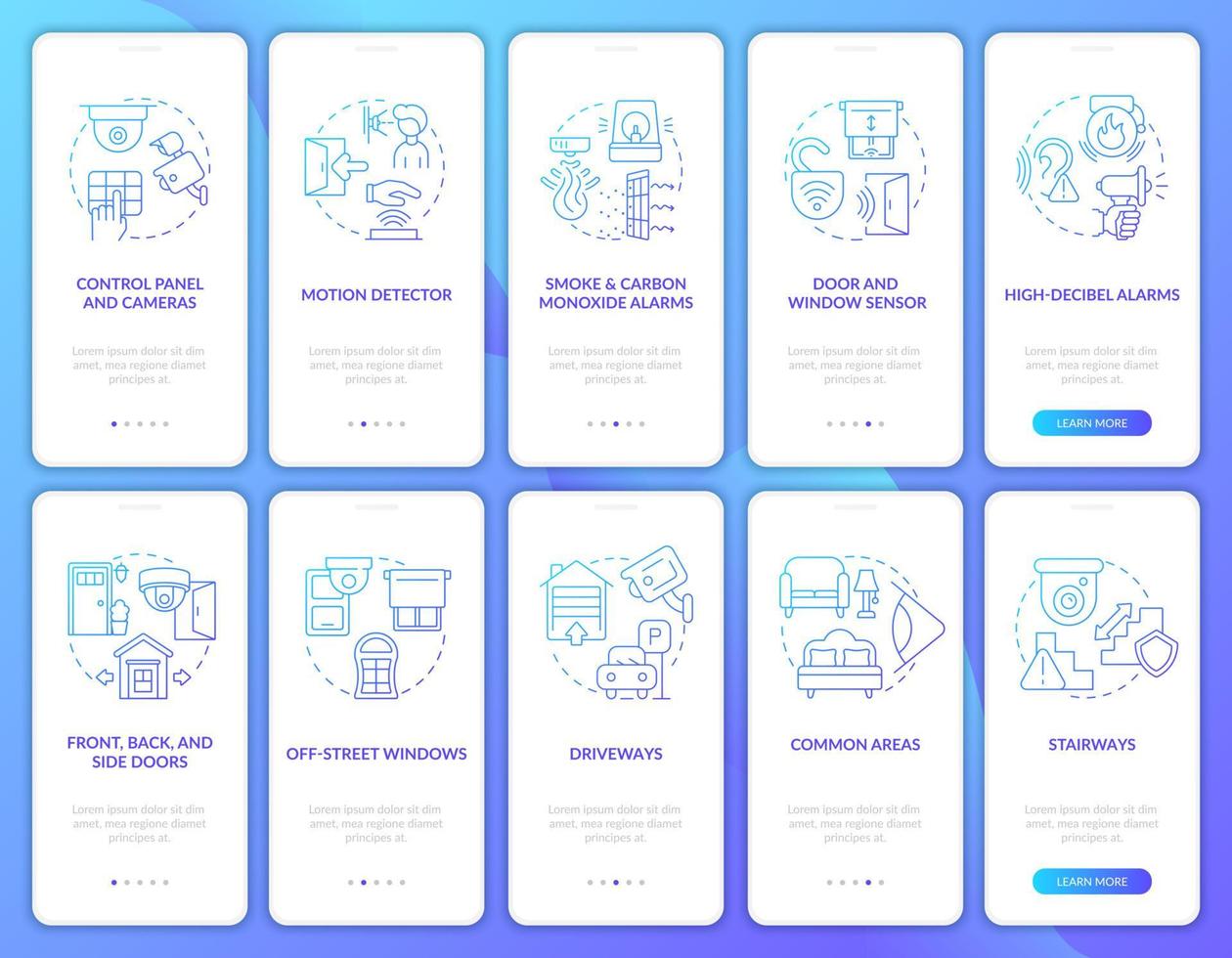 Conjunto de pantalla de página de aplicación móvil de incorporación de gradiente azul de seguridad de propiedad. tutorial de protección 5 pasos instrucciones gráficas con conceptos. ui, ux, plantilla de vector de interfaz gráfica de usuario con ilustraciones en color lineal