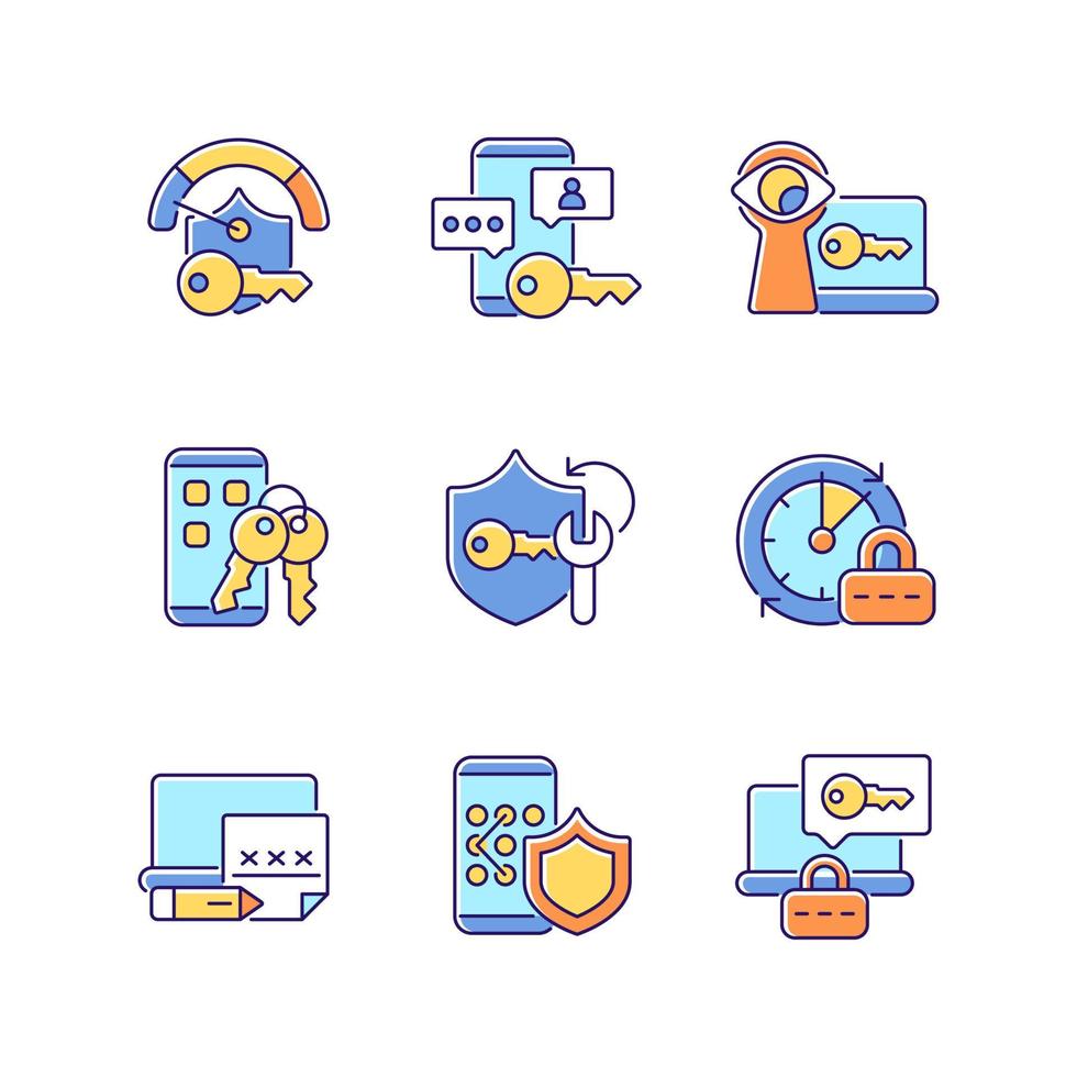 Password requirements RGB color icons set. Internet safety. Cyberspace security. Online privacy. Password management. Isolated vector illustrations. Simple filled line drawings collection