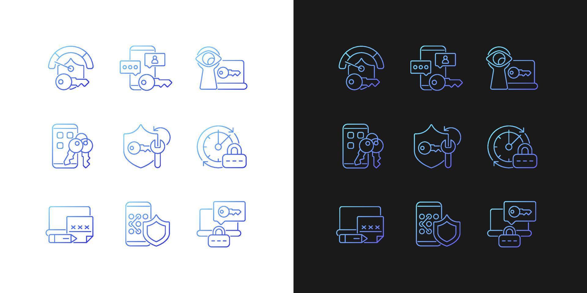 Password requirements gradient icons set for dark and light mode. Cyberspace security. Thin line contour symbols bundle. Isolated vector outline illustrations collection on black and white