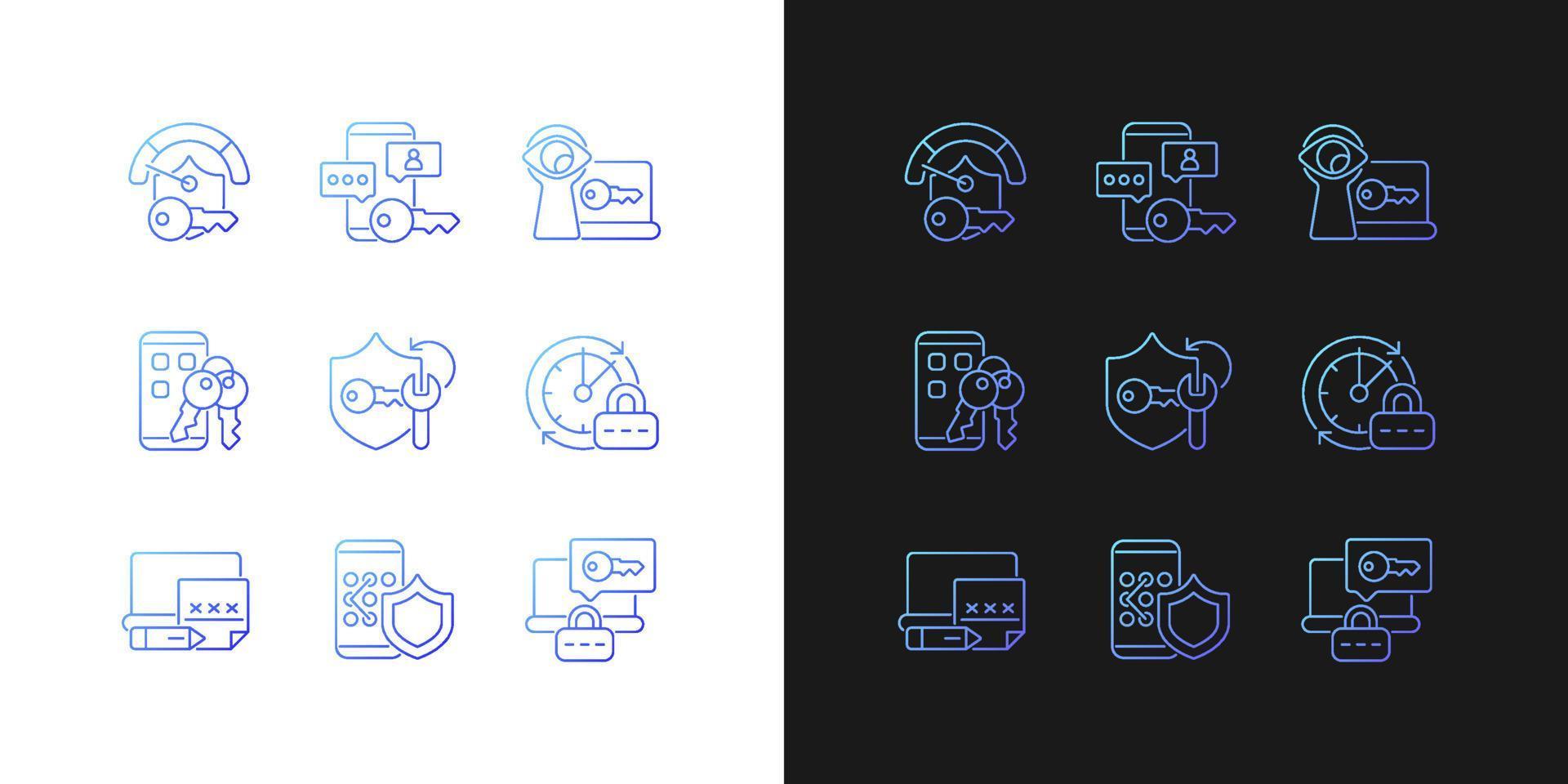 Password requirements gradient icons set for dark and light mode. Cyberspace security. Thin line contour symbols bundle. Isolated vector outline illustrations collection on black and white