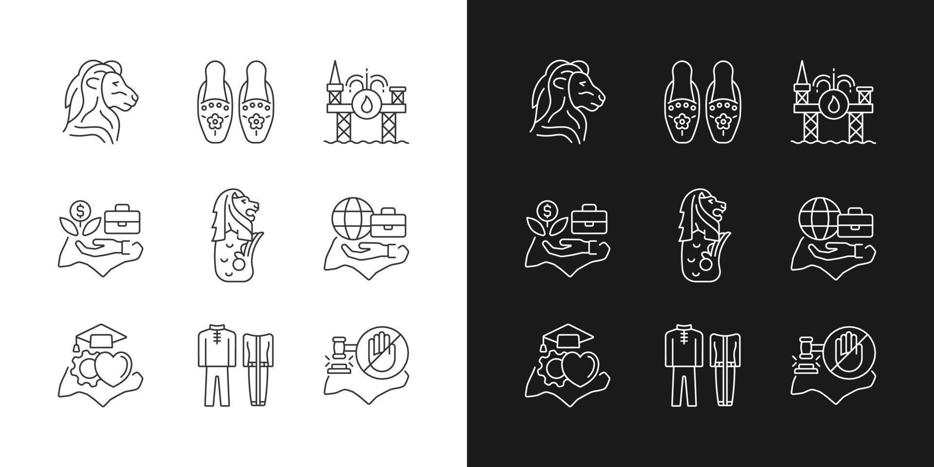Singapore national values linear icons set for dark and light mode. Quality of living. Traditional costumes. Customizable thin line symbols. Isolated vector outline illustrations. Editable stroke