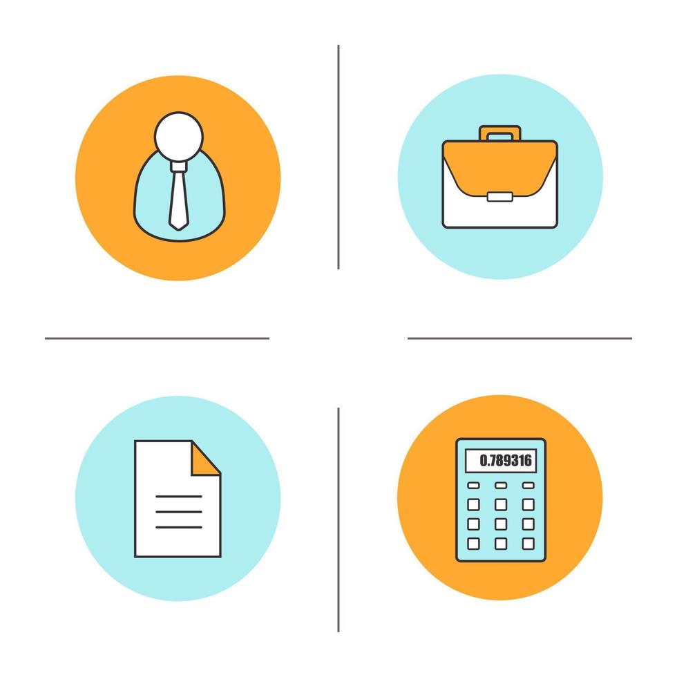 Business color icons set. Businessman, briefcase, official document, calculator. Isolated vector illustrations