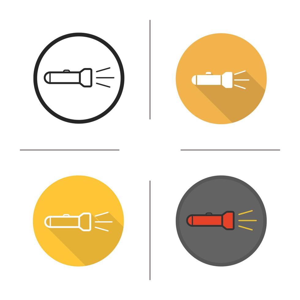 Flashlight icon. Flat design, linear and color styles. Torch light on. Isolated vector illustrations