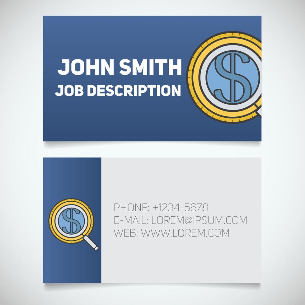 Business card print template with investors search logo. Easy edit. Manager. Businessman. Magnifying glass with dollar sign. Stationery design concept. Vector illustration