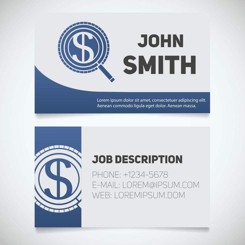 Business card print template with investors search logo. Easy edit. Manager. Businessman. Magnifying glass with dollar sign. Stationery design concept. Vector illustration