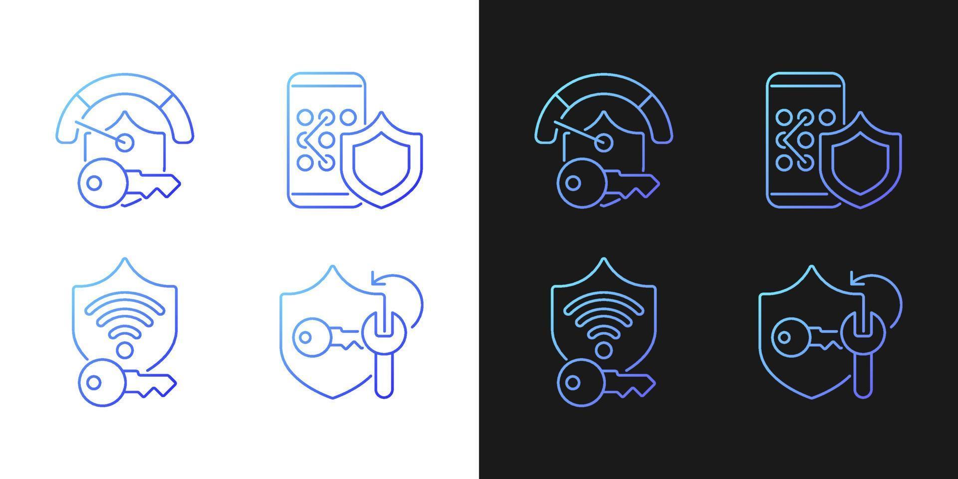 System password gradient icons set for dark and light mode. Smartphone lock. Wifi protection. Thin line contour symbols bundle. Isolated vector outline illustrations collection on black and white