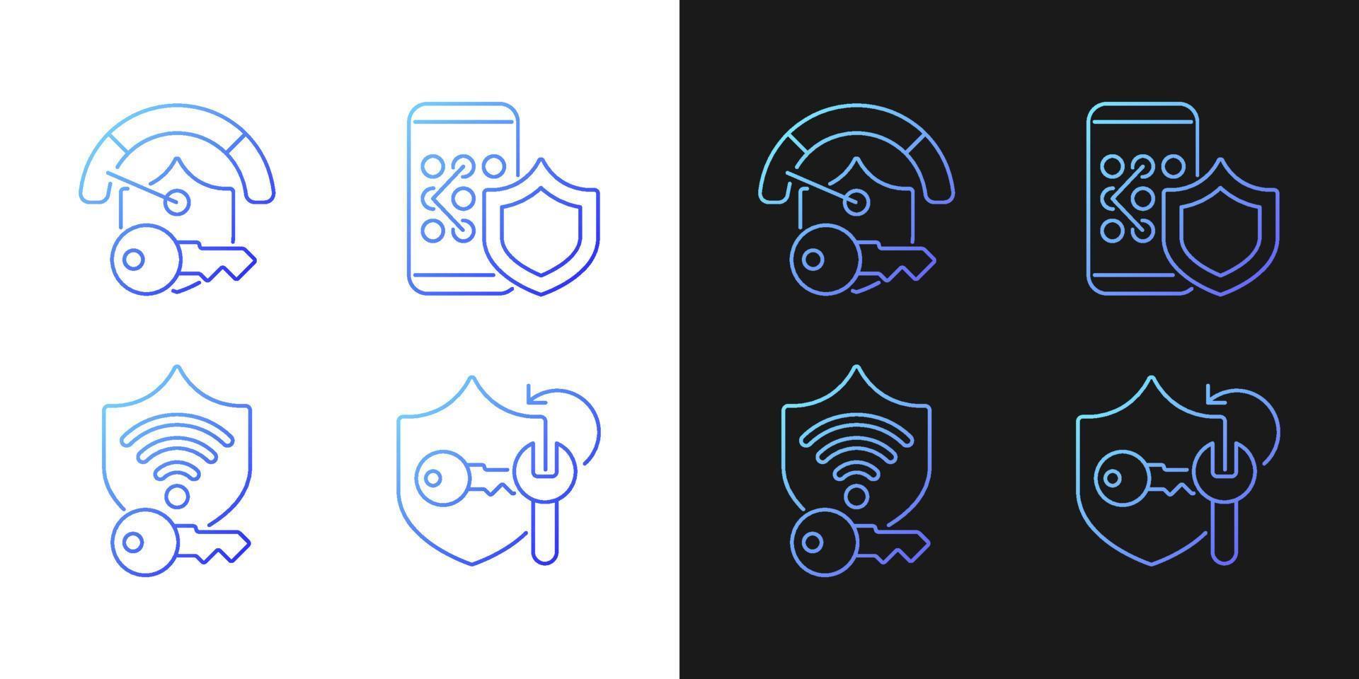 System password gradient icons set for dark and light mode. Smartphone lock. Wifi protection. Thin line contour symbols bundle. Isolated vector outline illustrations collection on black and white