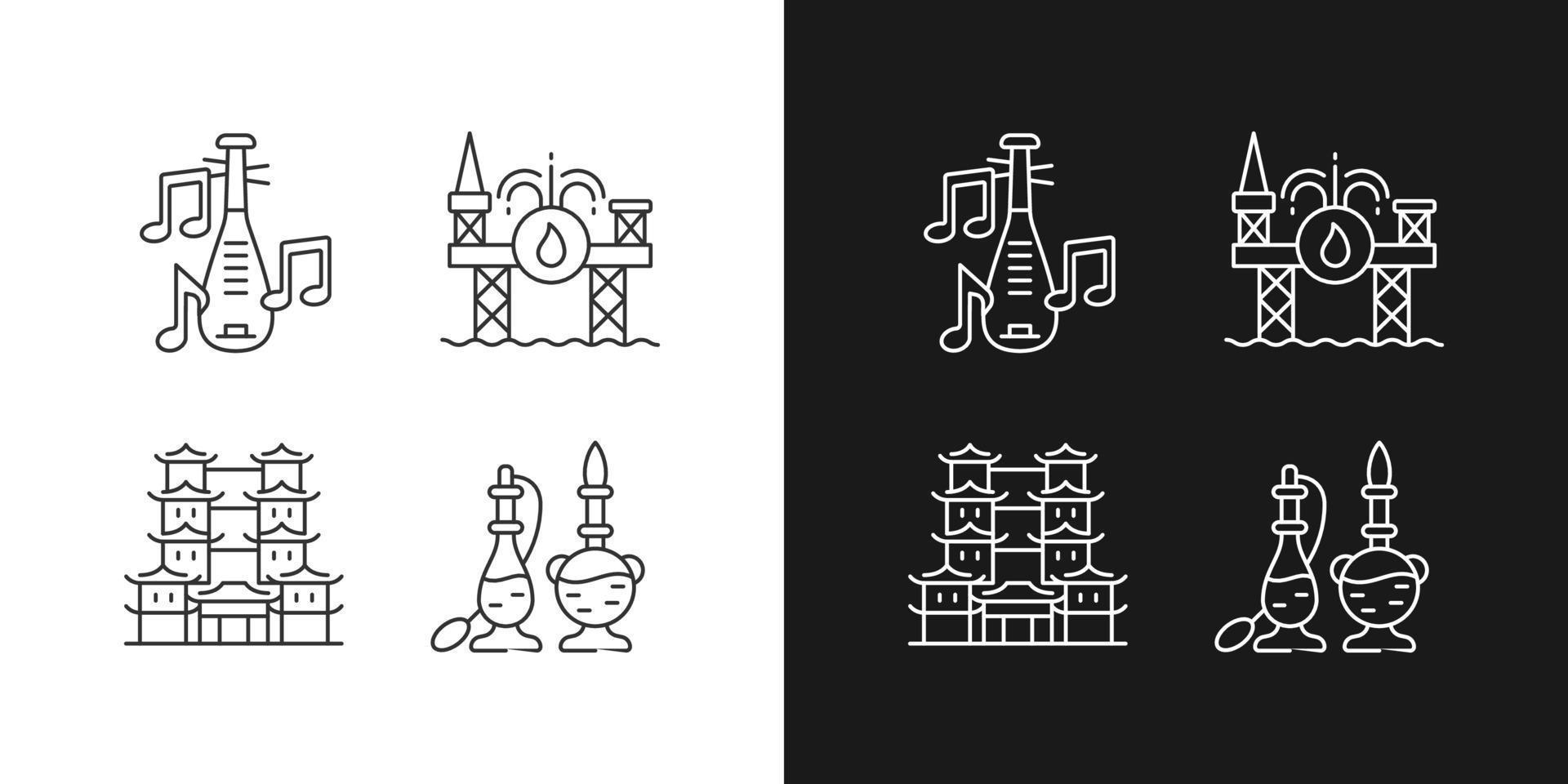 Culture of Singapore linear icons set for dark and light mode. Pipa musical instrument. Offshore drilling. Customizable thin line symbols. Isolated vector outline illustrations. Editable stroke