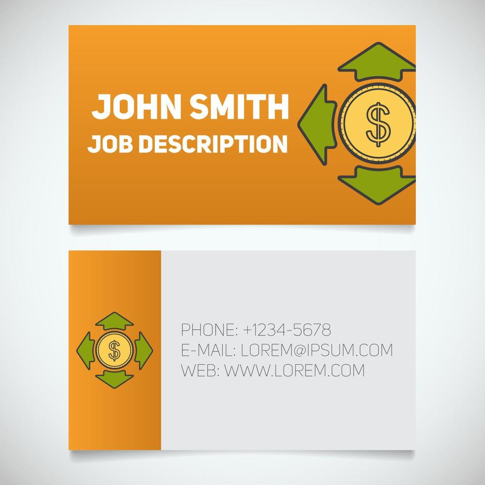 Business card print template with money spending logo. Easy edit. Manager. Accountant. Investor. Stationery design concept. Vector illustration