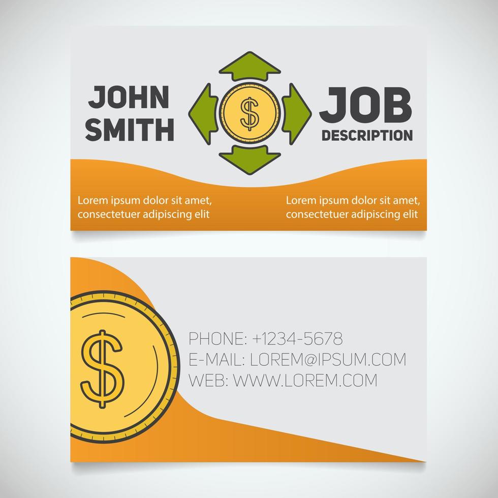 Business card print template with money spending logo. Easy edit. Manager. Accountant. Investor. Stationery design concept. Vector illustration