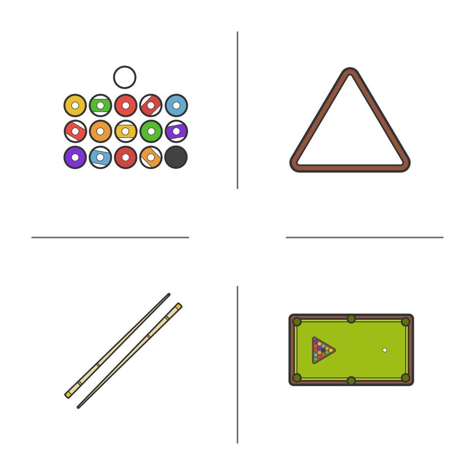 conjunto de iconos de colores de billar. bolas, estante de bolas, tacos, mesa. accesorios cuesports. equipo de piscina. ilustraciones vectoriales aisladas vector