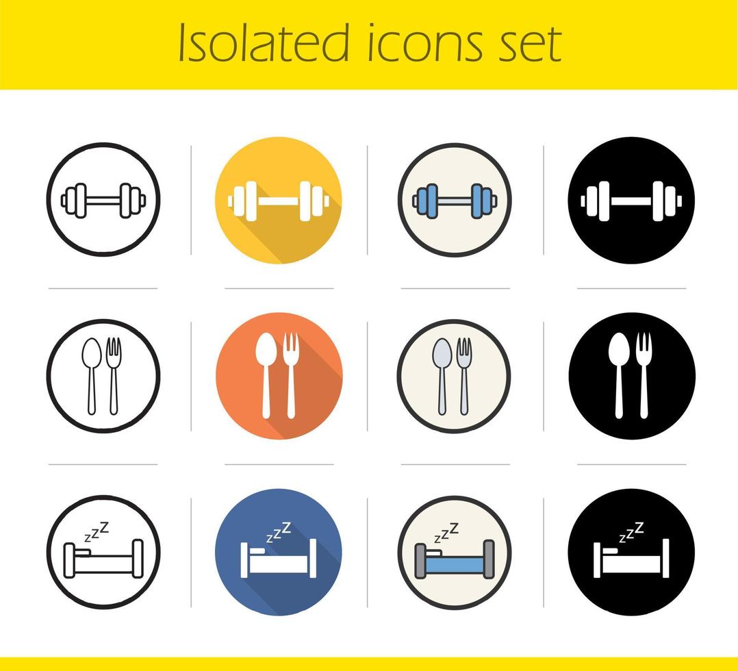 Healthy lifestyle icons set. Flat design, linear, black and color styles. Kettlebell, fork and spoon, bed. Fitness, eatery and sleep symbols. Isolated vector illustrations