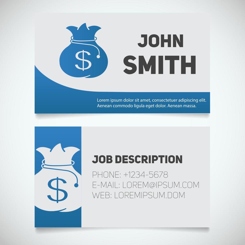 Business card print template with money bag logo. Easy edit. Manager. Banker. Accountant. Stationery design concept. Vector illustration
