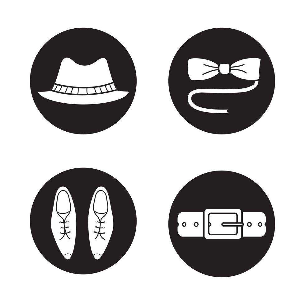 Men's accessories icons set. Homburg hat, butterfly bow tie, classic leather shoes and belt. Vector white illustrations in black circles