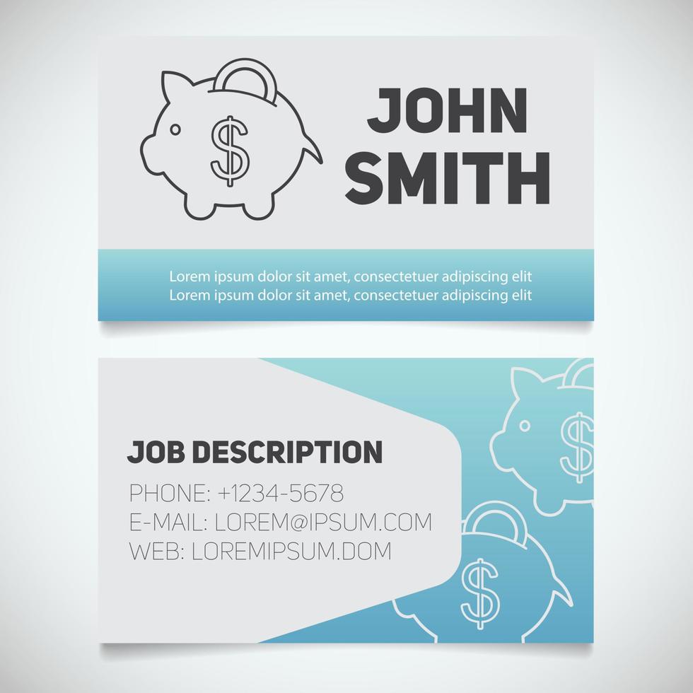 Business card print template with piggy bank logo. Easy edit. Manager. Banker. Investor. Economist. Stationery design concept. Vector illustration