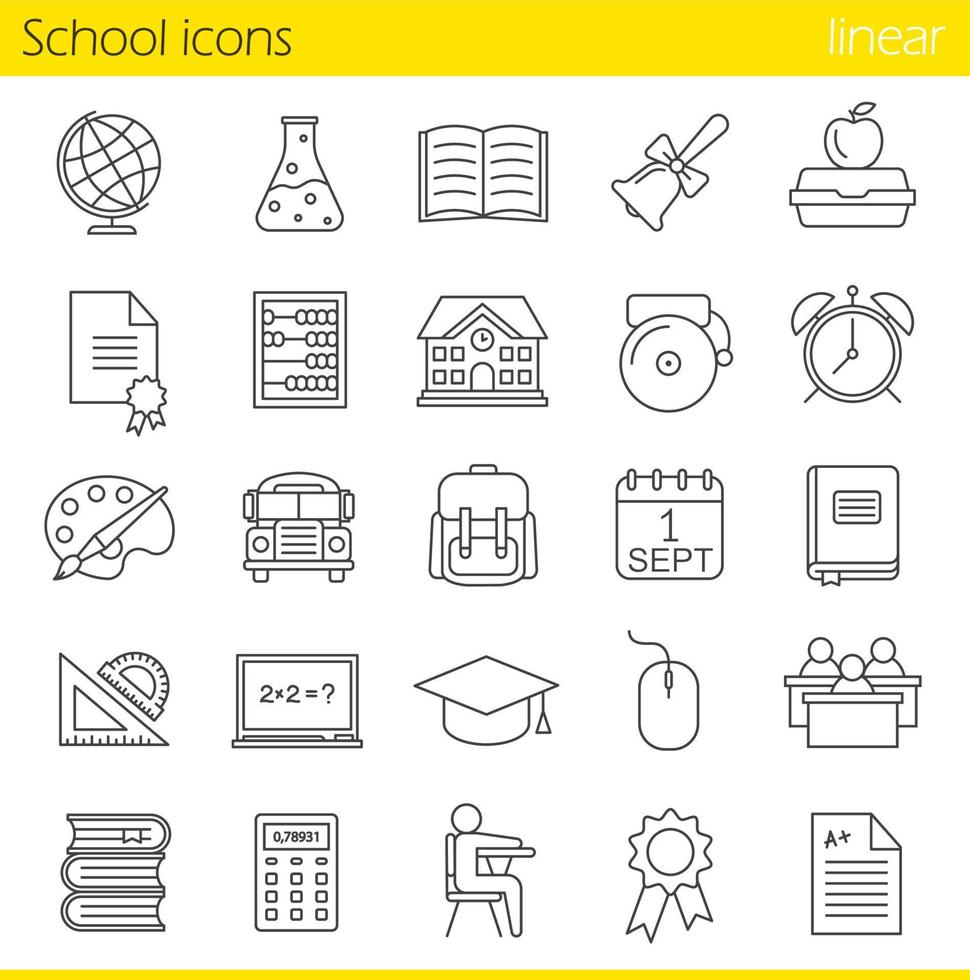 School linear icons set. Class register, calculator, pupils, school bus, bell and building. Open textbook, computer mouse, abacus, rulers, backpack, calendar. Thin line. Isolated vector illustrations
