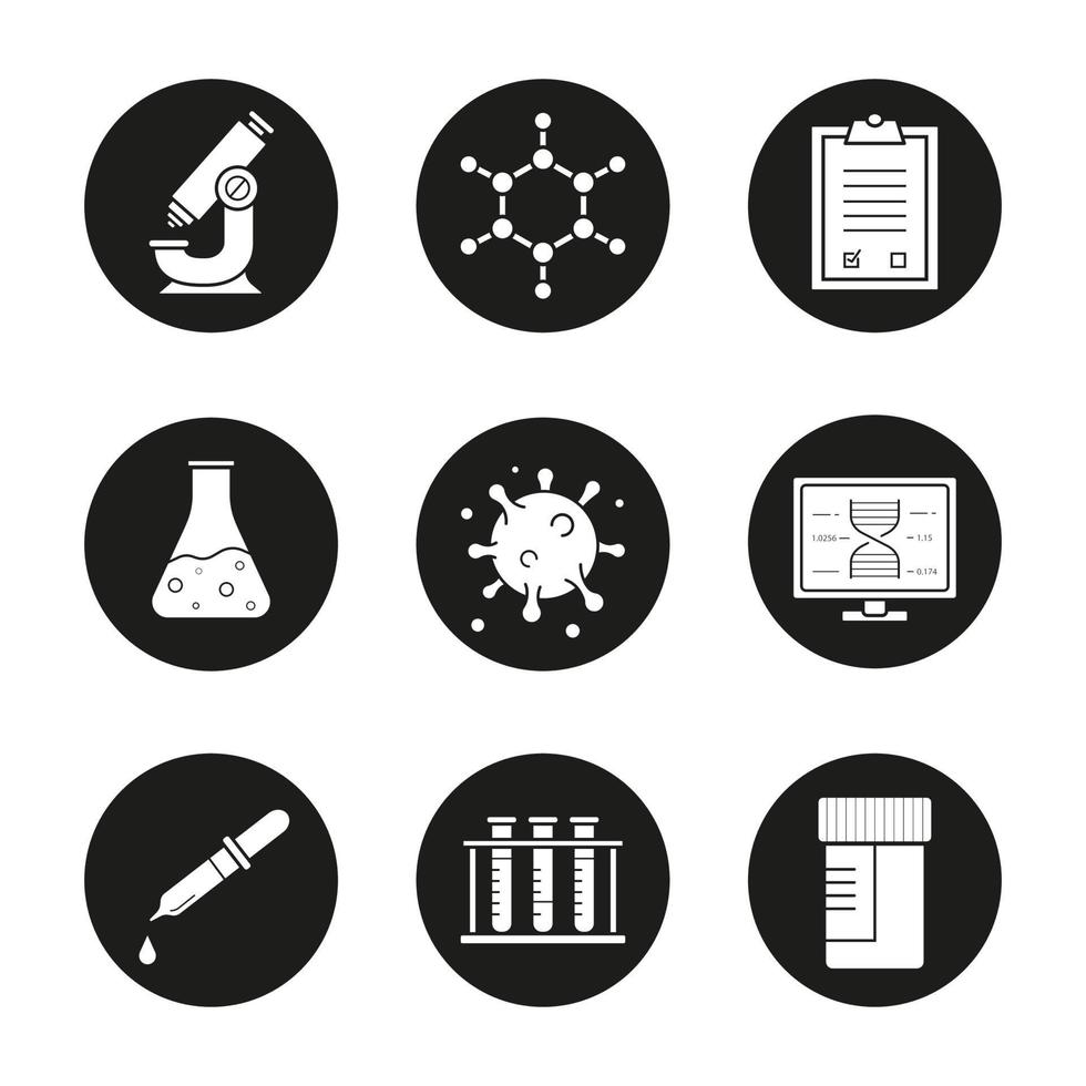 Science laboratory icons set. Microscope, molecular structure, tests checklist, beaker with liquid, virus, lab computer, pipette, test tubes and jar. Vector white illustrations in black circles